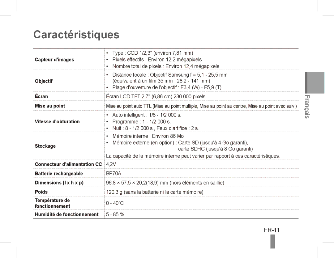 Samsung EC-PL80ZZBPSE3, EC-PL81ZZBPRE1, EC-PL81ZZBPBE1, EC-PL81ZZBPSE1, EC-PL81ZZBPLE1, EC-PL80ZZBPBE1 Caractéristiques, FR-11 