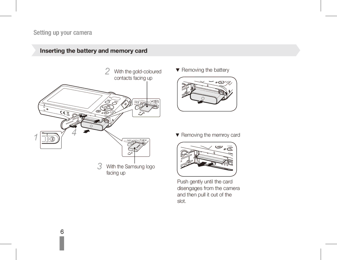 Samsung EC-PL80ZZBPBIT, EC-PL81ZZBPRE1, EC-PL81ZZBPBE1 manual Setting up your camera, Inserting the battery and memory card 