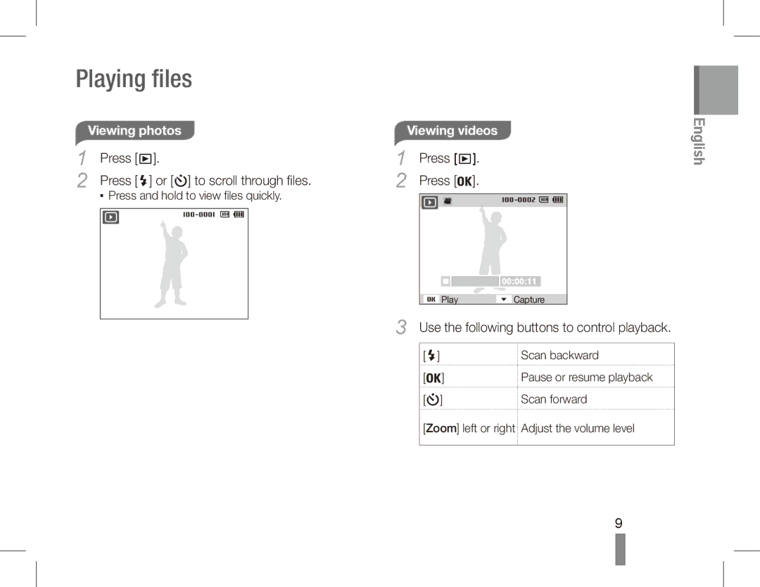 Samsung EC-PL80ZZBPRIT manual Playing files, Viewing photos, Viewing videos, Use the following buttons to control playback 