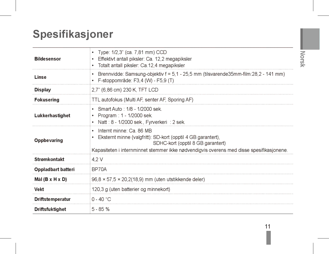 Samsung EC-PL80ZZDPBME, EC-PL81ZZBPRE1, EC-PL81ZZBPBE1, EC-PL81ZZBPSE1, EC-PL81ZZBPLE1, EC-PL80ZZBPBE1 manual Spesifikasjoner 