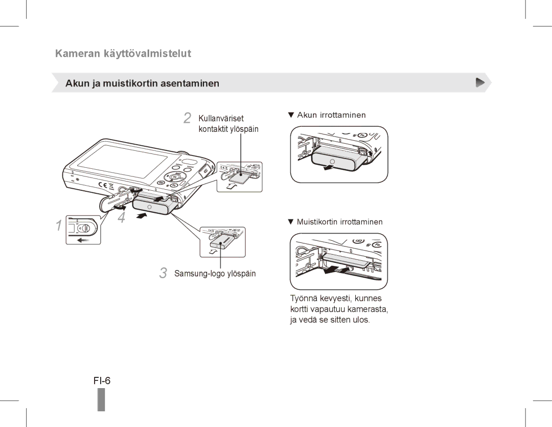 Samsung EC-PL80ZZDPSIR, EC-PL81ZZBPRE1, EC-PL81ZZBPBE1, EC-PL81ZZBPSE1, EC-PL81ZZBPLE1 FI-6, Akun ja muistikortin asentaminen 