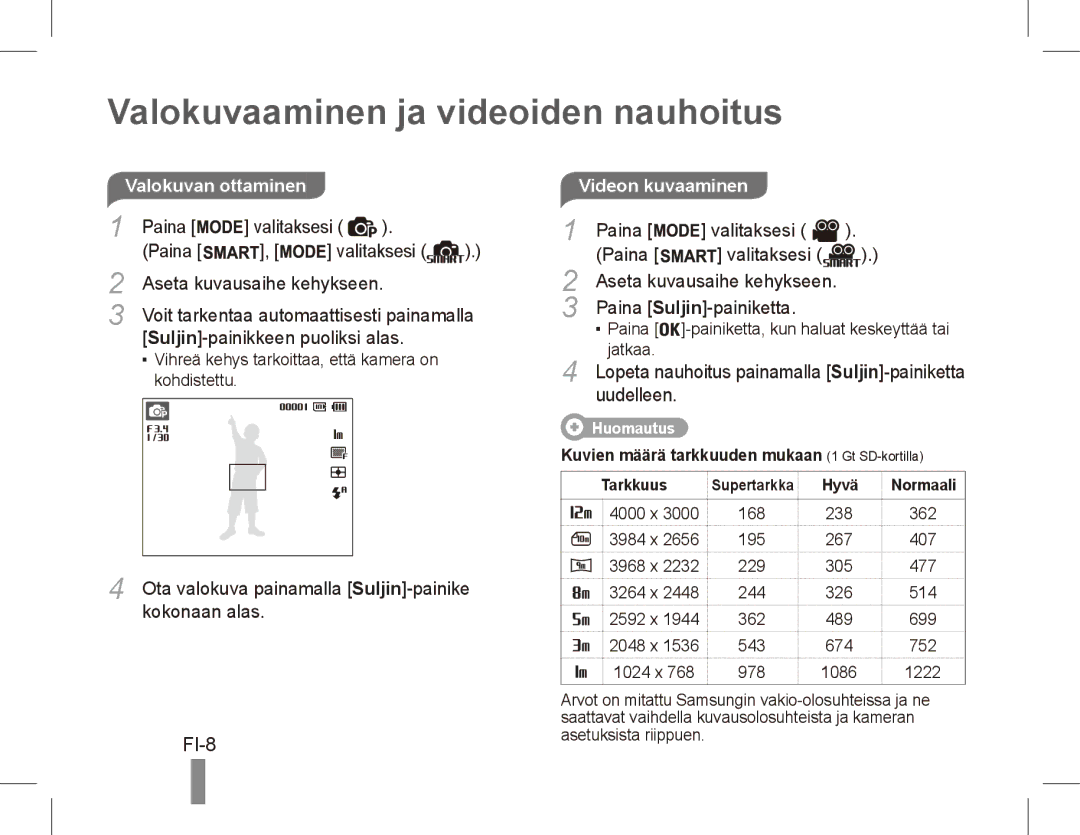 Samsung EC-PL80ZZBPLSA, EC-PL81ZZBPRE1, EC-PL81ZZBPBE1 manual Valokuvaaminen ja videoiden nauhoitus, FI-8, Videon kuvaaminen 