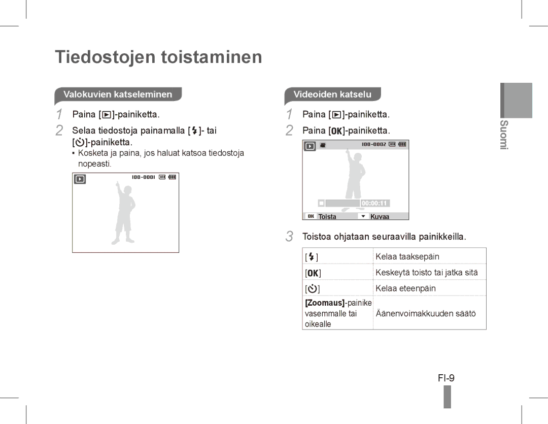 Samsung EC-PL80ZZDPBIR, EC-PL81ZZBPRE1 manual Tiedostojen toistaminen, FI-9, Valokuvien katseleminen, Paina -painiketta 