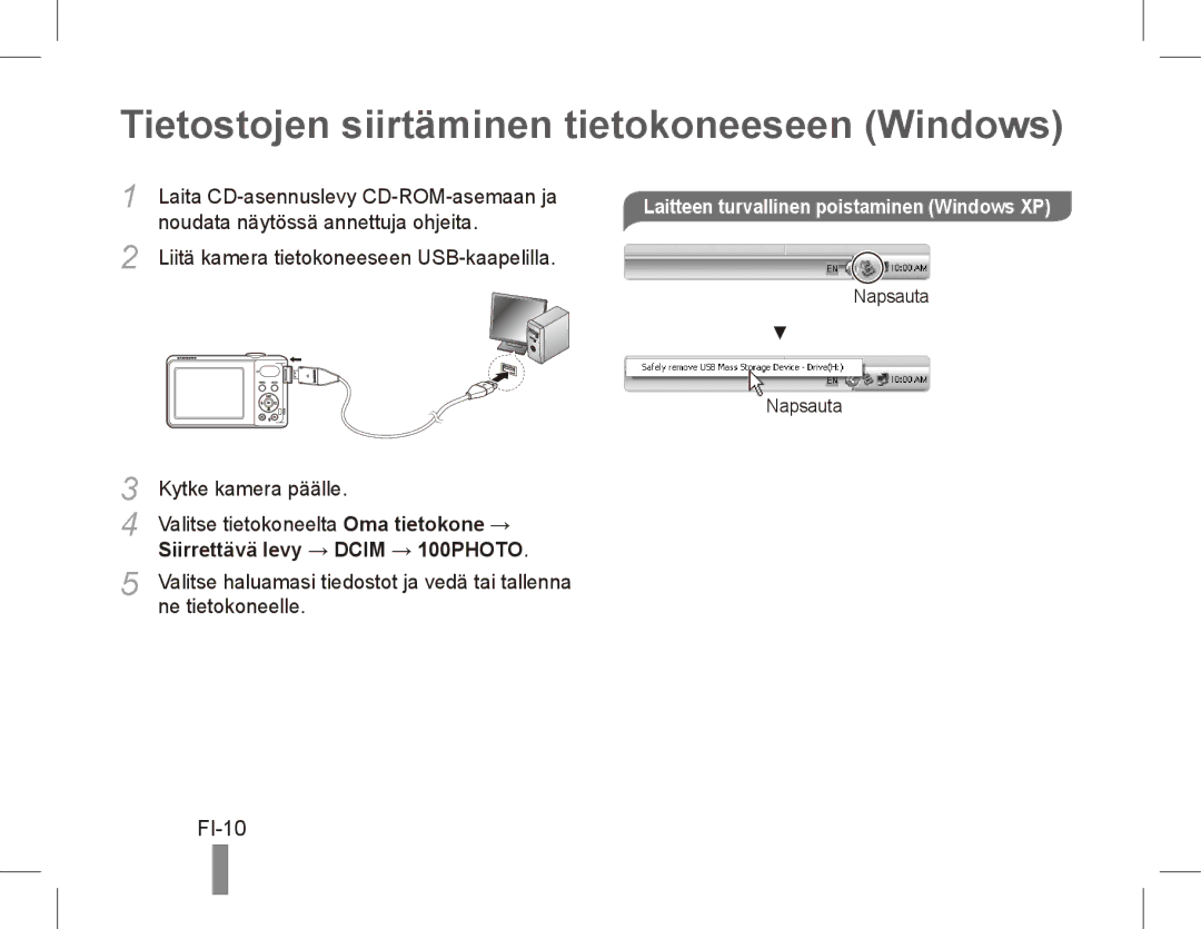 Samsung EC-PL80ZZBPRSA Tietostojen siirtäminen tietokoneeseen Windows, FI-10, Laitteen turvallinen poistaminen Windows XP 