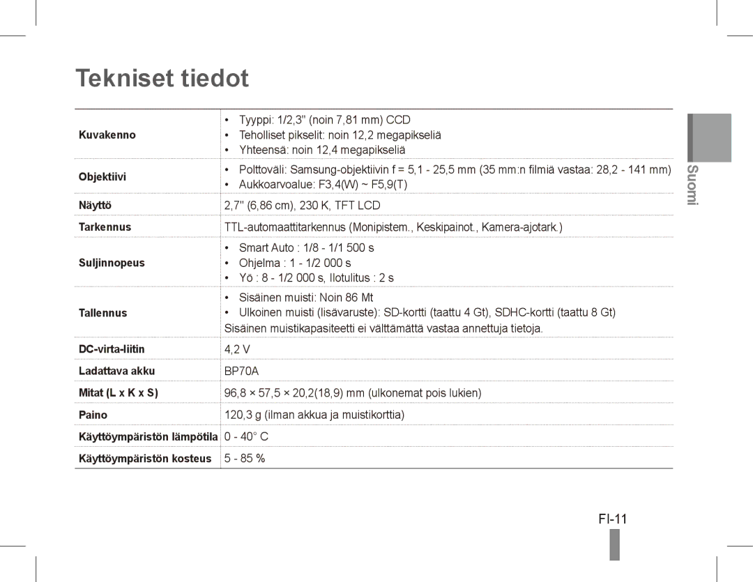 Samsung EC-PL80ZZDPBME, EC-PL81ZZBPRE1, EC-PL81ZZBPBE1, EC-PL81ZZBPSE1, EC-PL81ZZBPLE1, EC-PL80ZZBPBE1 Tekniset tiedot, FI-11 