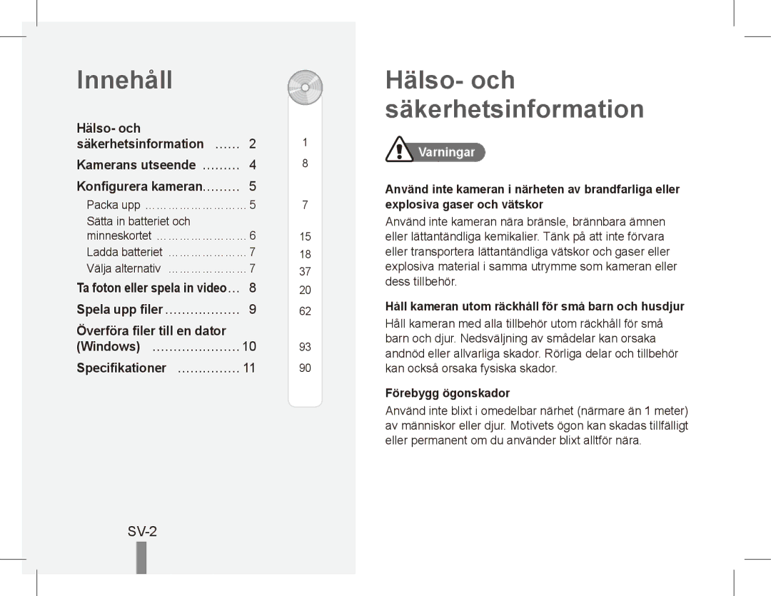 Samsung EC-PL80ZZBPBSA Innehåll, Hälso- och säkerhetsinformation, SV-2, Kamerans utseende… ……… Konfigurera kameran……… 