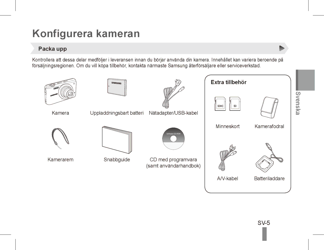 Samsung EC-PL80ZZDPLIR, EC-PL81ZZBPRE1, EC-PL81ZZBPBE1, EC-PL81ZZBPSE1 Konfigurera kameran, SV-5, Packa upp, Extra tillbehör 