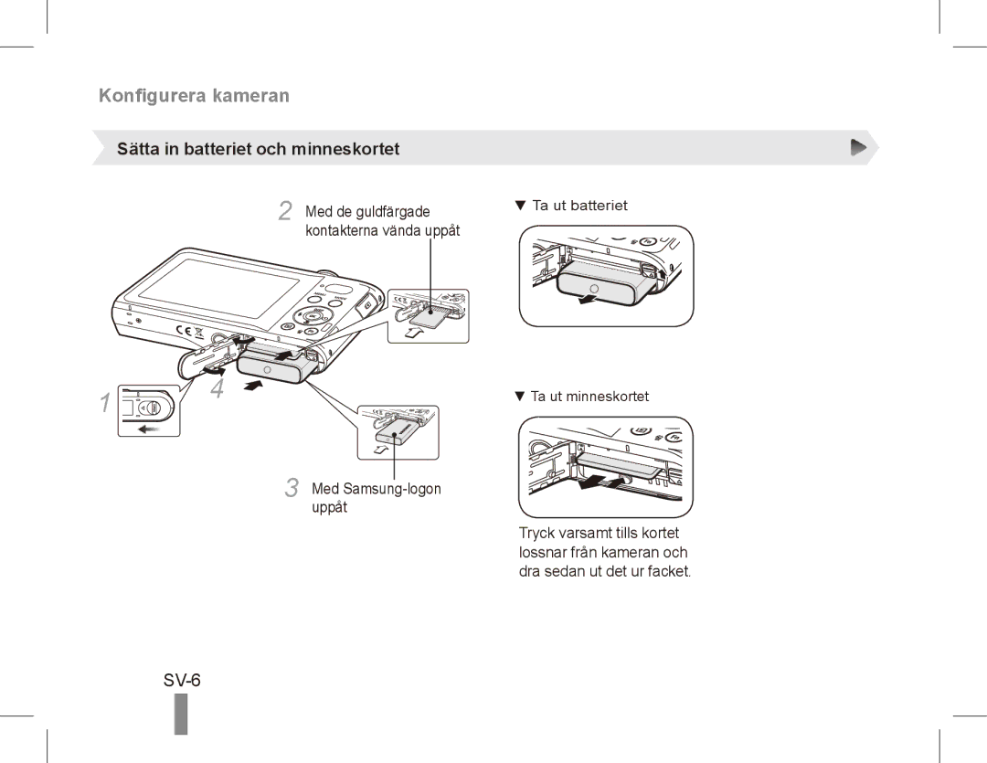 Samsung EC-PL80ZZBPBVN, EC-PL81ZZBPRE1, EC-PL81ZZBPBE1, EC-PL81ZZBPSE1 manual SV-6, Sätta in batteriet och minneskortet 