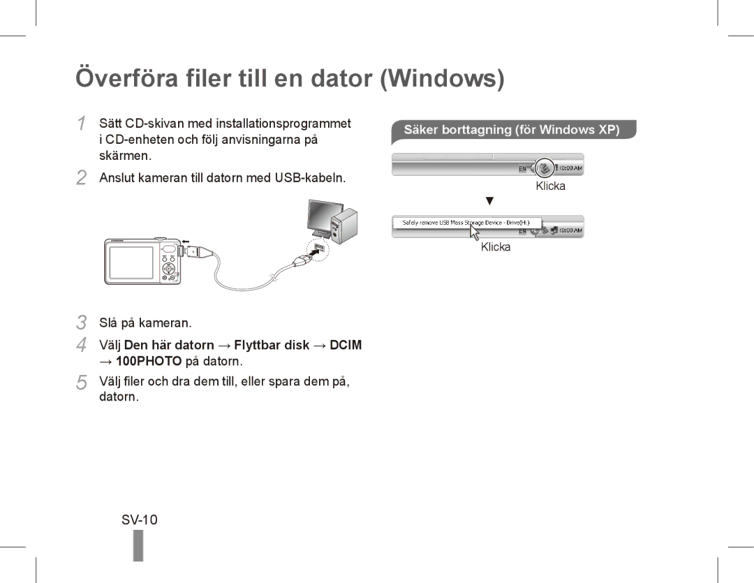 Samsung EC-PL80ZZBPBE3, EC-PL81ZZBPRE1 manual Överföra filer till en dator Windows, SV-10, Säker borttagning för Windows XP 