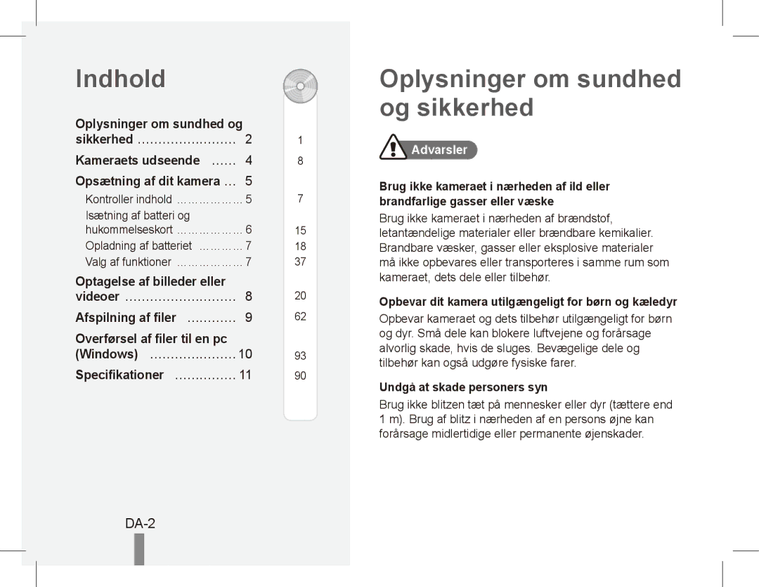 Samsung EC-PL80ZZBPLE3, EC-PL81ZZBPRE1, EC-PL81ZZBPBE1 manual Indhold, Oplysninger om sundhed og sikkerhed, DA-2, Advarsler 