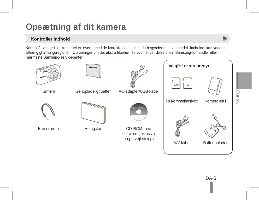 Samsung EC-PL80ZZBPLE2, EC-PL81ZZBPRE1 manual Opsætning af dit kamera, DA-5, Kontroller indhold, Valgfrit ekstraudstyr 