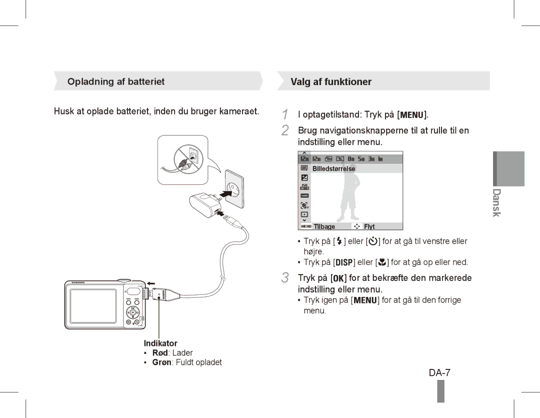 Samsung EC-PL80ZZBPBRU, EC-PL81ZZBPRE1 DA-7, Opladning af batteriet Valg af funktioner, Indstilling eller menu, Indikator 