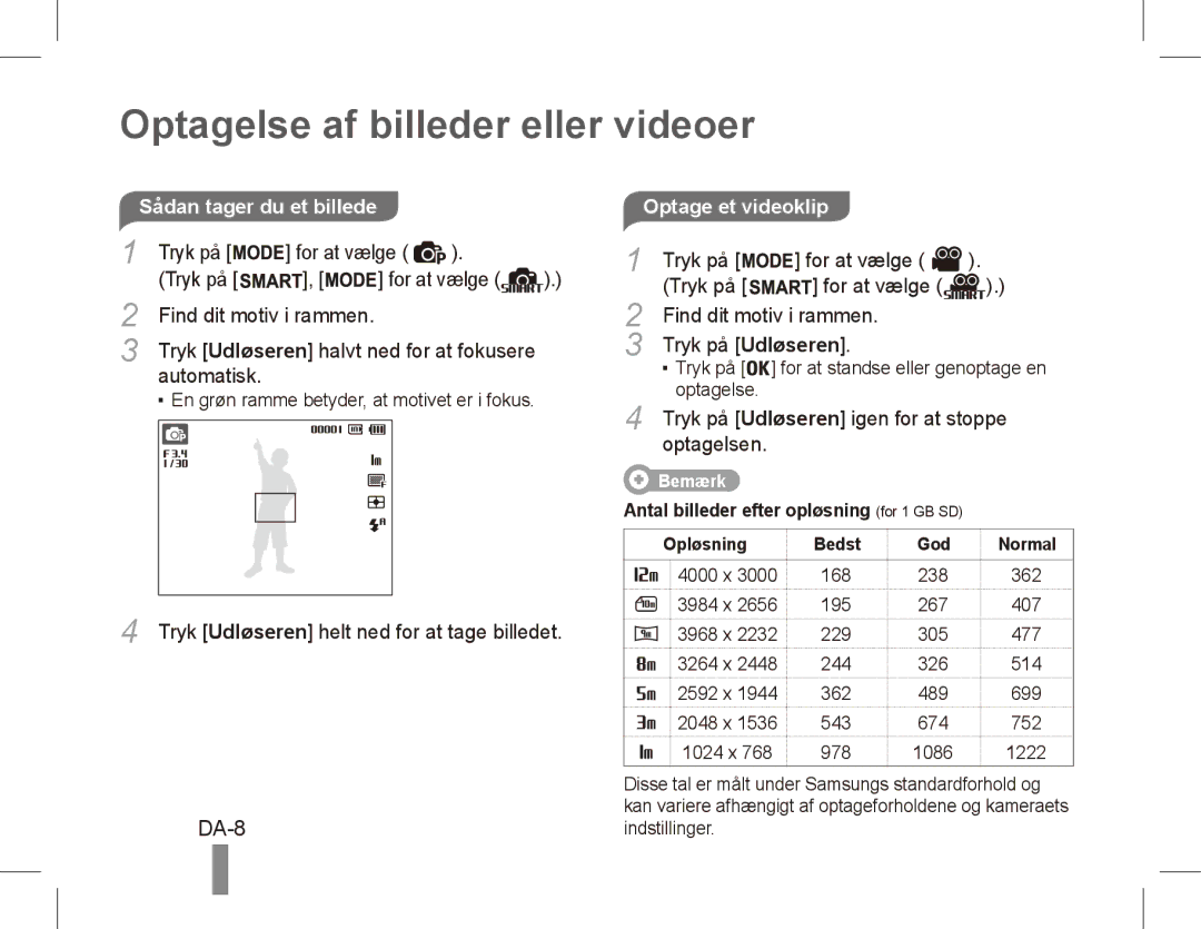 Samsung EC-PL80ZZBPLRU, EC-PL81ZZBPRE1, EC-PL81ZZBPBE1, EC-PL81ZZBPSE1 manual Optagelse af billeder eller videoer, DA-8 