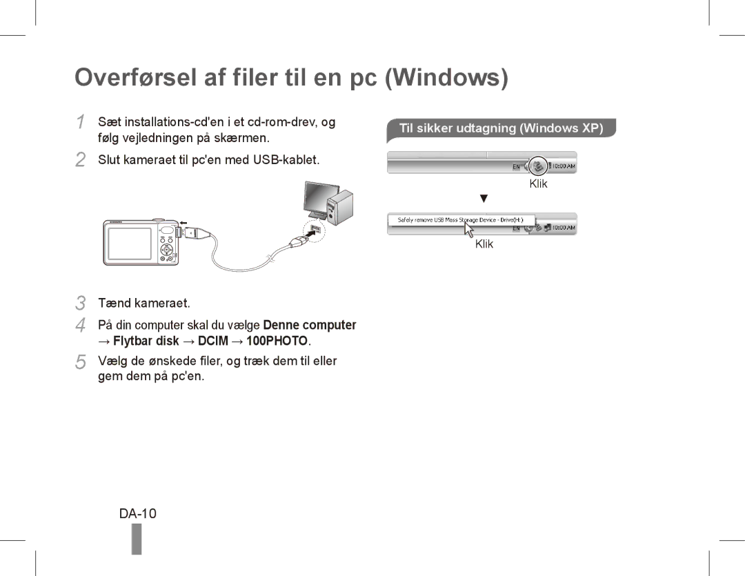 Samsung EC-PL81ZZBPRE1, EC-PL81ZZBPBE1 manual Overførsel af filer til en pc Windows, DA-10, Til sikker udtagning Windows XP 