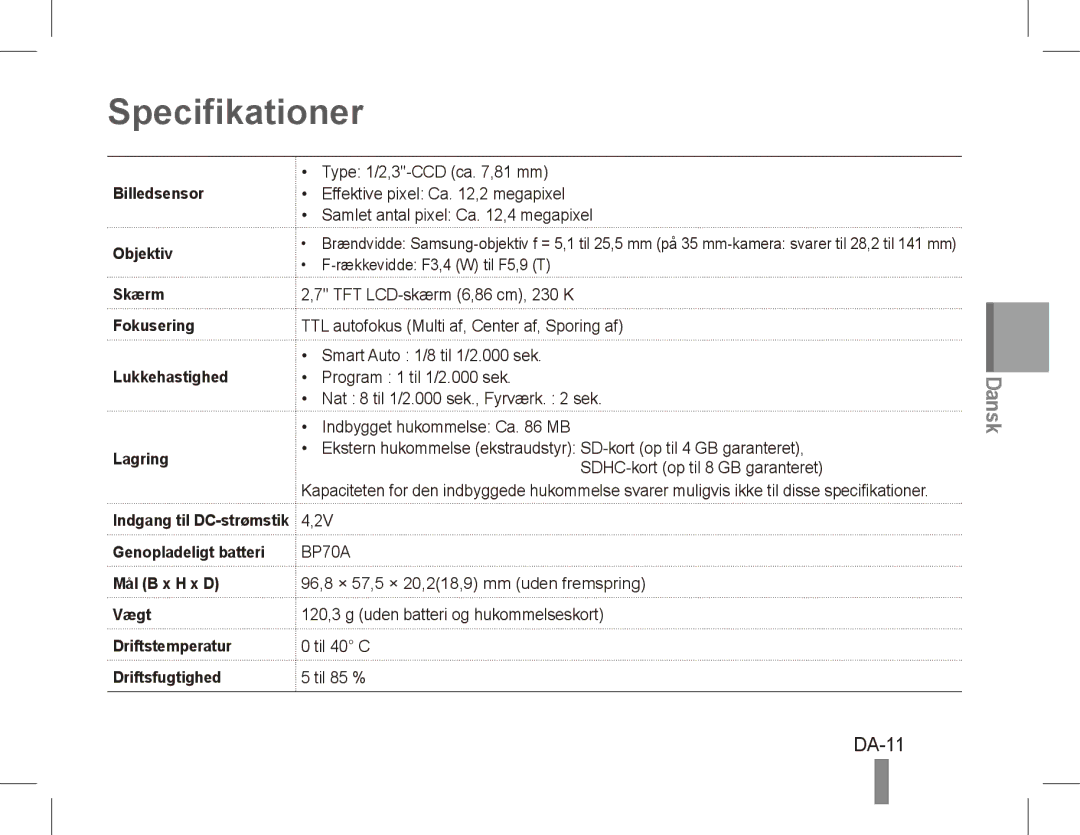 Samsung EC-PL81ZZBPBE1, EC-PL81ZZBPRE1, EC-PL81ZZBPSE1 manual DA-11, Billedsensor, Skærm Fokusering Lukkehastighed Lagring 