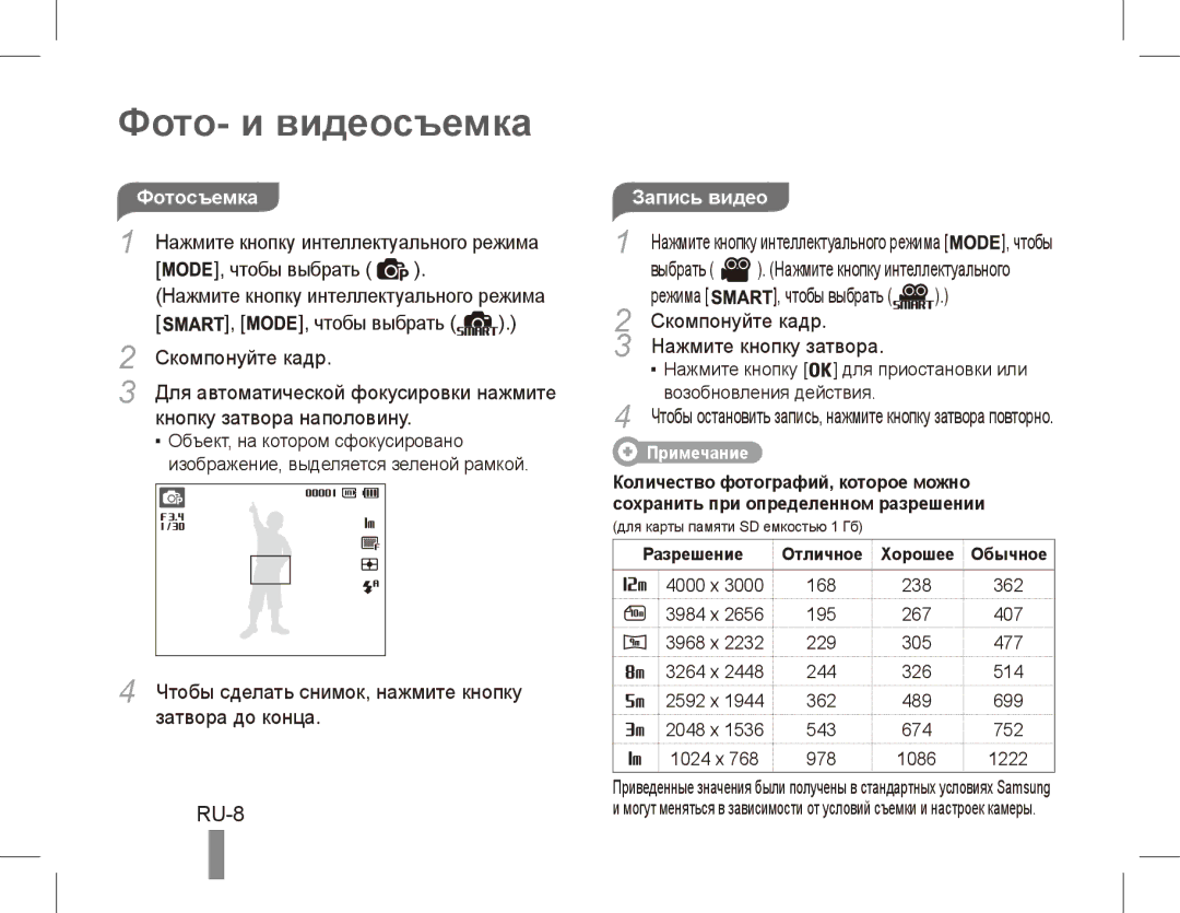 Samsung EC-PL80ZZBPLIT, EC-PL81ZZBPRE1, EC-PL81ZZBPBE1, EC-PL81ZZBPSE1 manual Фото- и видеосъемка, RU-8, Запись видео 