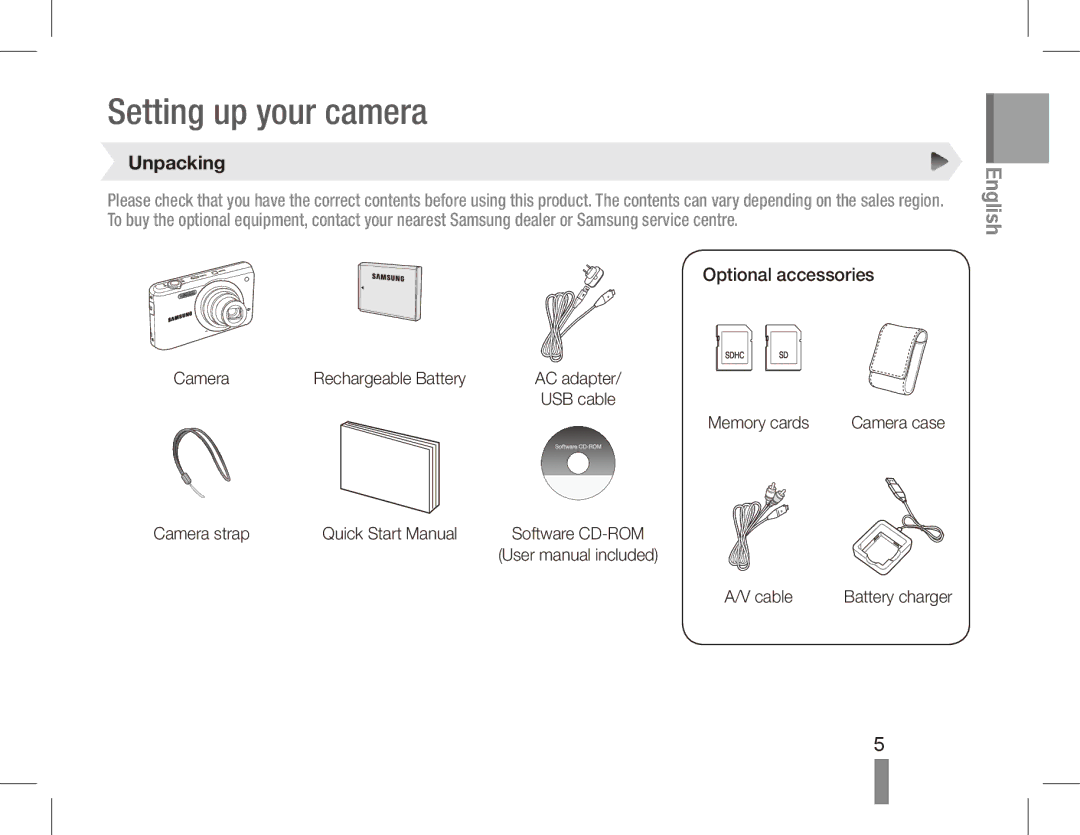 Samsung EC-PL80ZZBPBGS, EC-PL81ZZBPRE1, EC-PL81ZZBPBE1, EC-PL81ZZBPSE1, EC-PL81ZZBPLE1 manual Unpacking, Optional accessories 