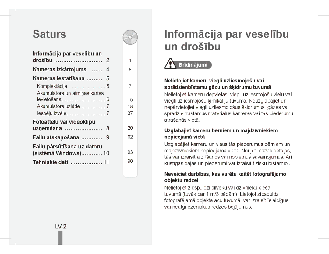 Samsung EC-PL80ZZBPSIL Saturs, Informācija par veselību un drošību, LV-2, Drošību…………………………, Fotoattēlu vai videoklipu 