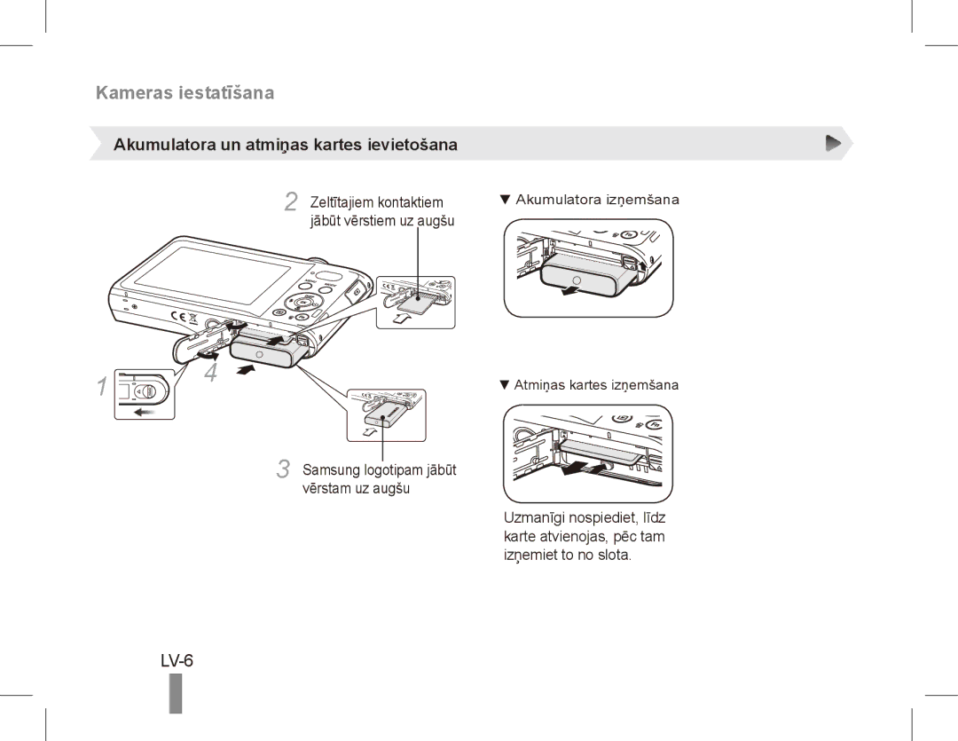 Samsung EC-PL80ZZDPSIR, EC-PL81ZZBPRE1, EC-PL81ZZBPBE1, EC-PL81ZZBPSE1 manual LV-6, Akumulatora un atmiņas kartes ievietošana 