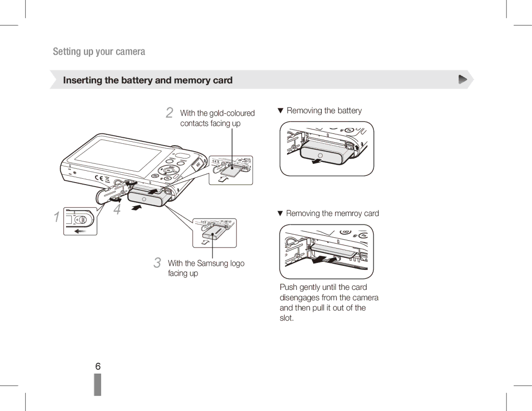 Samsung EC-PL80ZZBPBIT, EC-PL81ZZBPRE1, EC-PL81ZZBPBE1 manual Setting up your camera, Inserting the battery and memory card 