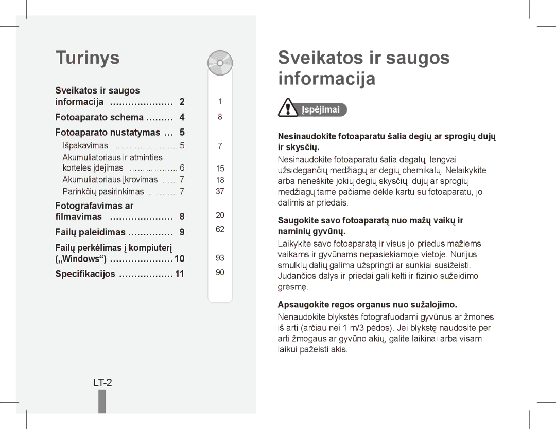 Samsung EC-PL80ZZBPBSA, EC-PL81ZZBPRE1, EC-PL81ZZBPBE1 manual Turinys, Sveikatos ir saugos informacija, LT-2, Įspėjimai 