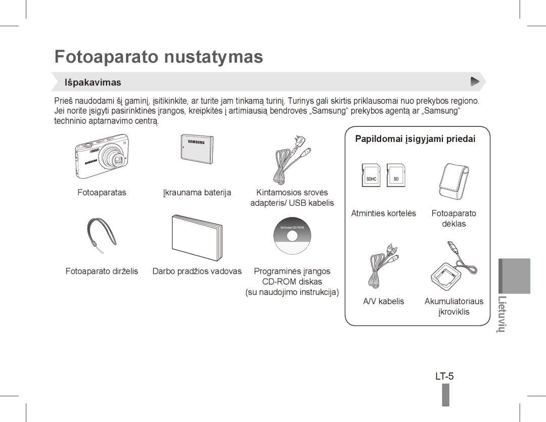 Samsung EC-PL80ZZDPLIR, EC-PL81ZZBPRE1 manual Fotoaparato nustatymas, LT-5, Išpakavimas, Papildomai įsigyjami priedai 