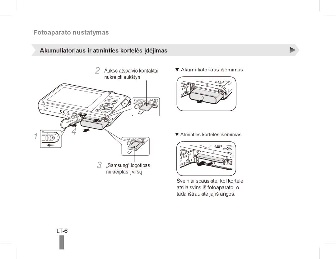 Samsung EC-PL80ZZBPBVN, EC-PL81ZZBPRE1, EC-PL81ZZBPBE1, EC-PL81ZZBPSE1 LT-6, Akumuliatoriaus ir atminties kortelės įdėjimas 