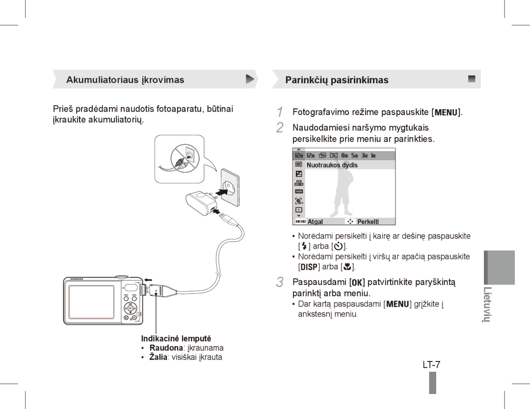 Samsung EC-PL80ZZBPRVN LT-7, Akumuliatoriaus įkrovimas, Patvirtinkite paryškintą, Parinktį arba meniu, Indikacinė lemputė 