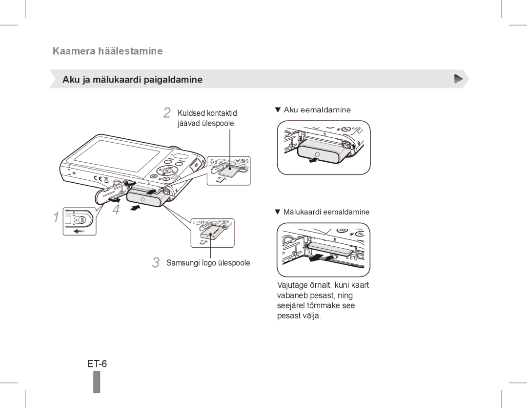 Samsung EC-PL80ZZBPSRU, EC-PL81ZZBPRE1, EC-PL81ZZBPBE1, EC-PL81ZZBPSE1, EC-PL81ZZBPLE1 ET-6, Aku ja mälukaardi paigaldamine 