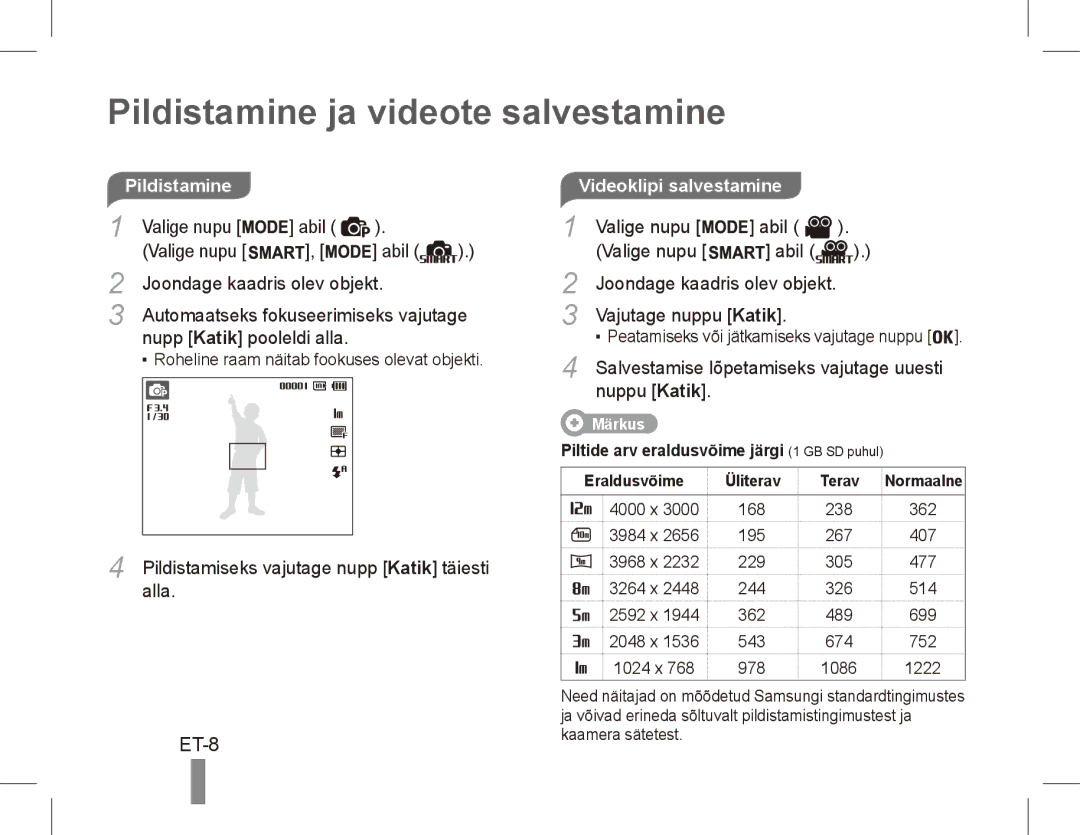 Samsung EC-PL80ZZBPLRU, EC-PL81ZZBPRE1, EC-PL81ZZBPBE1 Pildistamine ja videote salvestamine, ET-8, Videoklipi salvestamine 