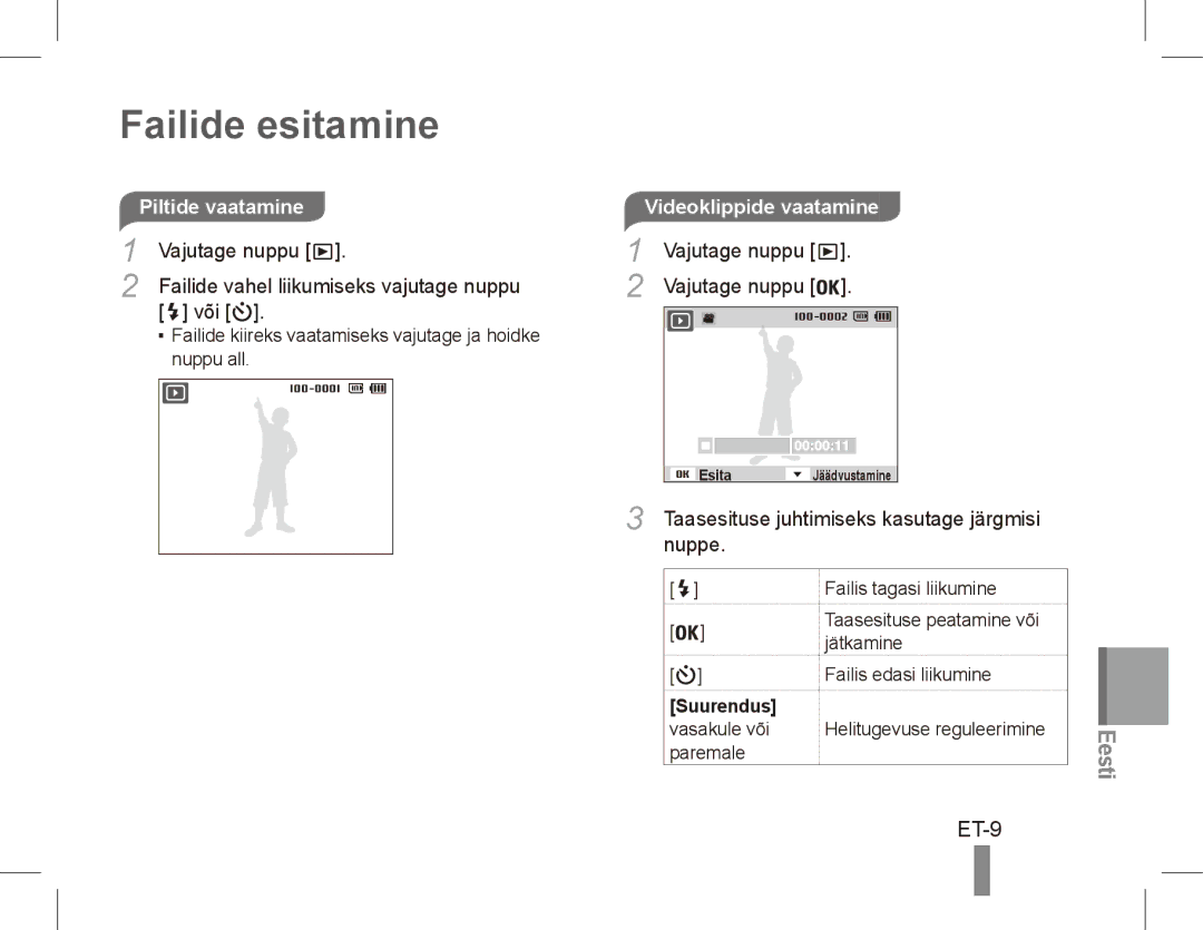 Samsung EC-PL80ZZBPRRU, EC-PL81ZZBPRE1, EC-PL81ZZBPBE1, EC-PL81ZZBPSE1 manual Failide esitamine, ET-9, Videoklippide vaatamine 