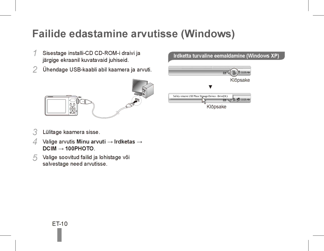 Samsung EC-PL81ZZBPRE1 manual Failide edastamine arvutisse Windows, ET-10, Irdketta turvaline eemaldamine Windows XP 