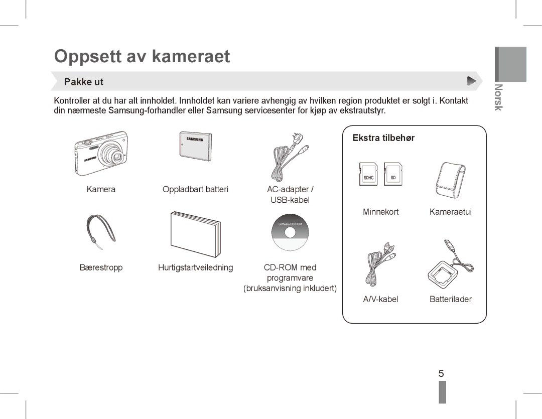 Samsung EC-PL80ZZBPSSA, EC-PL81ZZBPRE1, EC-PL81ZZBPBE1, EC-PL81ZZBPSE1 manual Oppsett av kameraet, Pakke ut, Ekstra tilbehør 