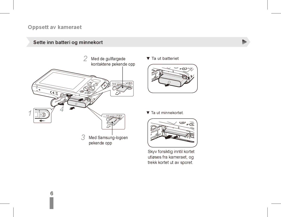 Samsung EC-PL80ZZDPSIR, EC-PL81ZZBPRE1, EC-PL81ZZBPBE1, EC-PL81ZZBPSE1 Oppsett av kameraet, Sette inn batteri og minnekort 