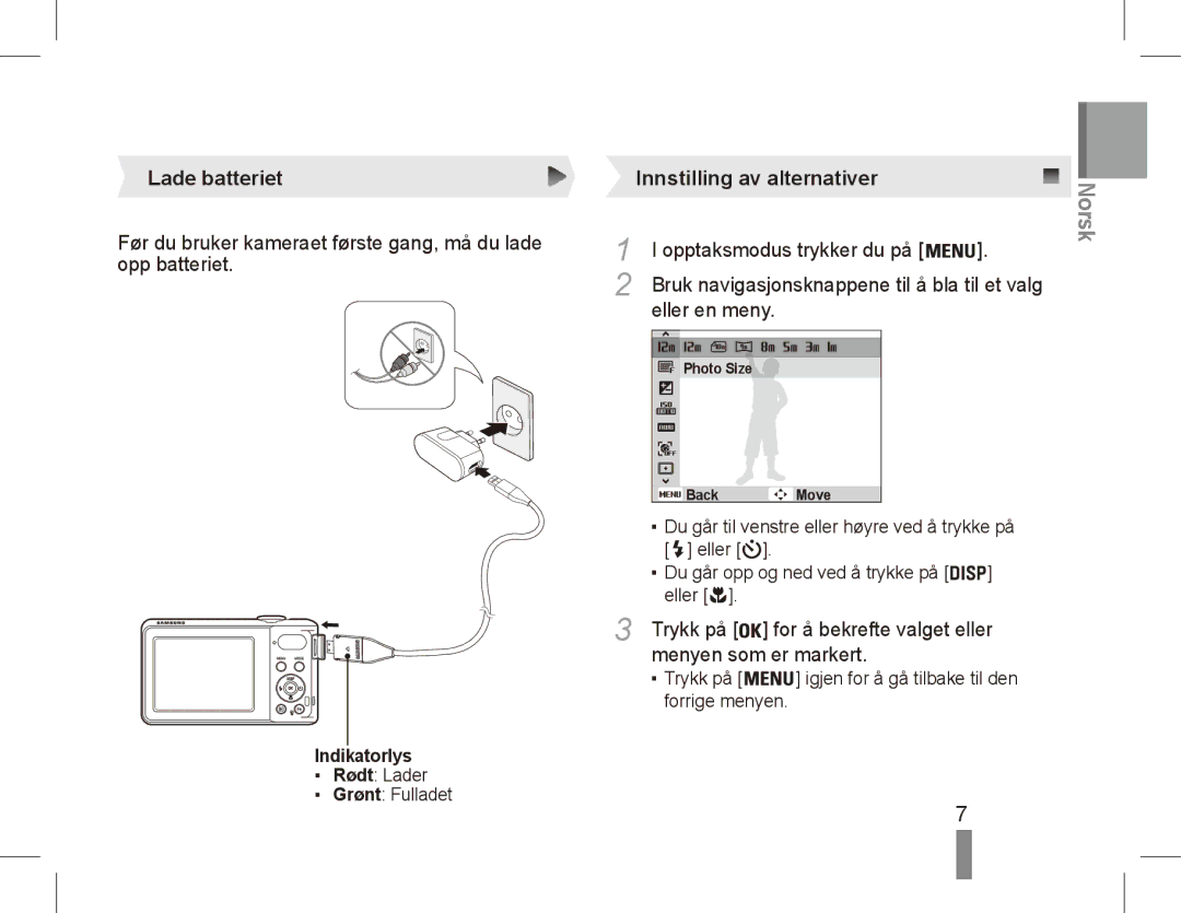 Samsung EC-PL80ZZBPLIL manual Lade batteriet, Innstilling av alternativer, Opptaksmodus trykker du på, Eller en meny 