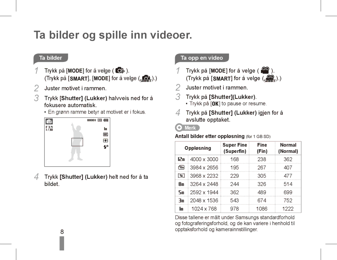 Samsung EC-PL80ZZBPLSA, EC-PL81ZZBPRE1 manual Ta bilder og spille inn videoer, Ta opp en video, Trykk på ShutterLukker 