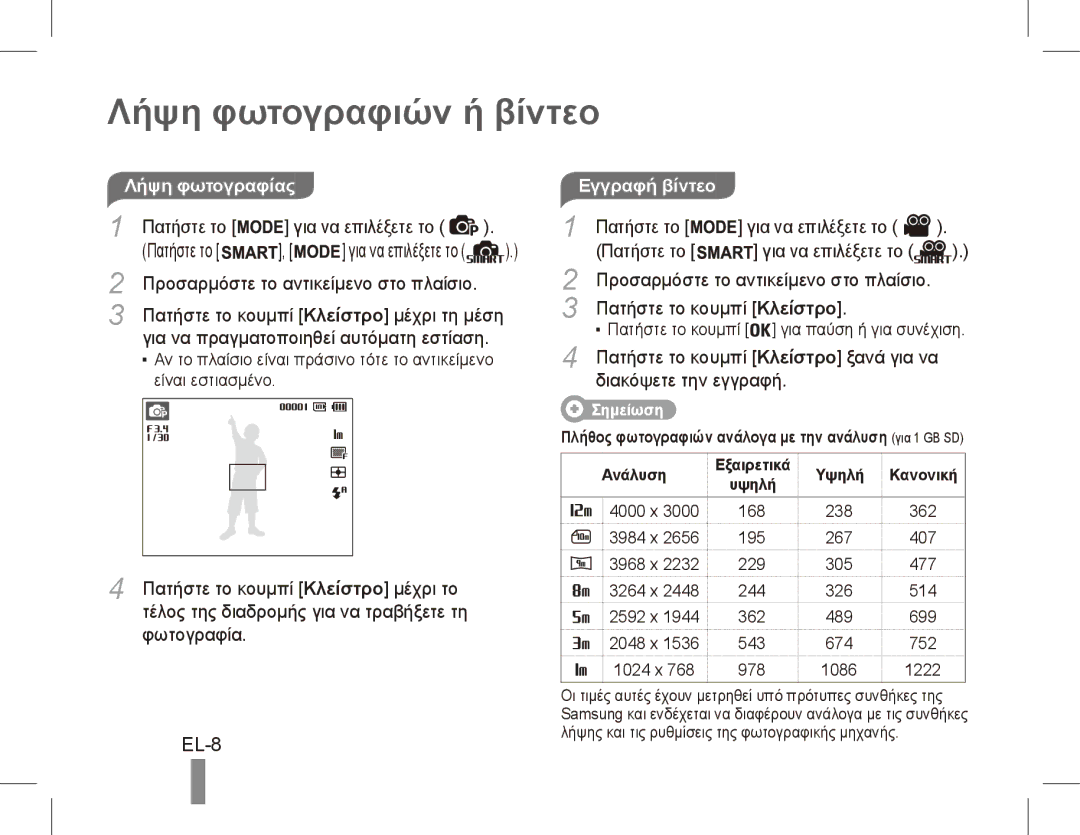 Samsung EC-PL80ZZBPLVN, EC-PL81ZZBPRE1, EC-PL81ZZBPBE1, EC-PL81ZZBPSE1 manual Λήψη φωτογραφιών ή βίντεο, EL-8, Εγγραφή βίντεο 