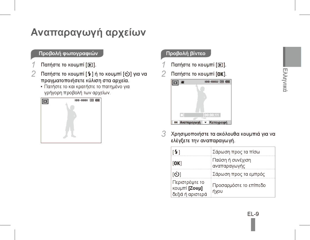 Samsung EC-PL80ZZBPSVN manual Αναπαραγωγή αρχείων, EL-9, Ελέγξετε την αναπαραγωγή, Προβολή φωτογραφιών Προβολή βίντεο 