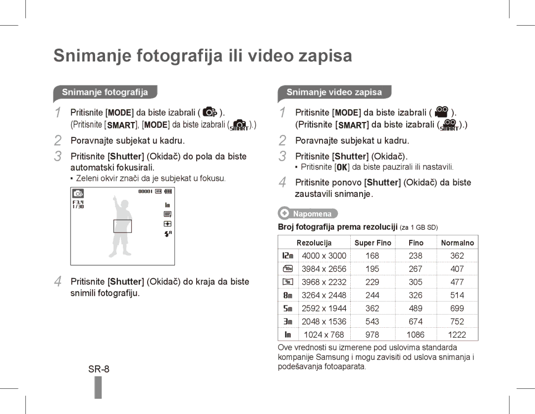 Samsung EC-PL80ZZBPLRU, EC-PL81ZZBPRE1, EC-PL81ZZBPBE1 Snimanje fotografija ili video zapisa, SR-8, Snimanje video zapisa 