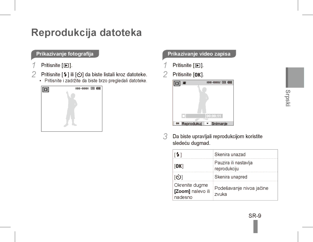 Samsung EC-PL80ZZBPRRU, EC-PL81ZZBPRE1 manual Reprodukcija datoteka, SR-9, Prikazivanje fotografija, Pritisnite . Pritisnite 