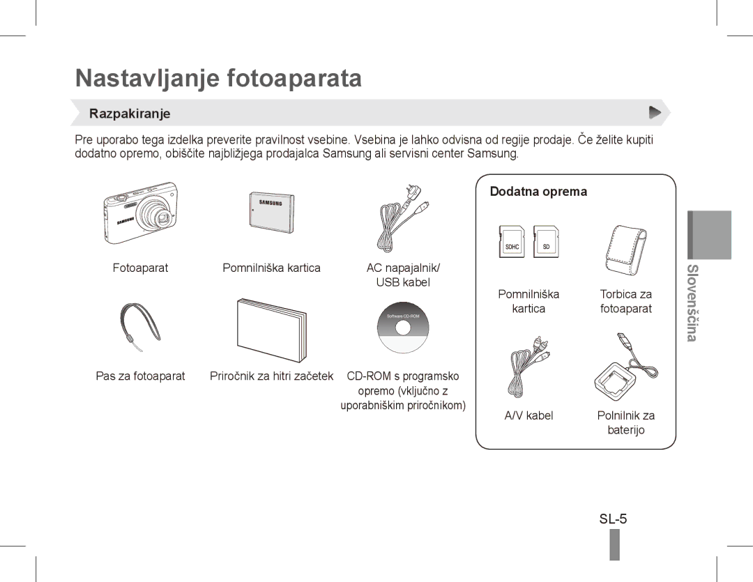 Samsung EC-PL80ZZBPBGS, EC-PL81ZZBPRE1, EC-PL81ZZBPBE1 manual Nastavljanje fotoaparata, SL-5, Razpakiranje, Dodatna oprema 