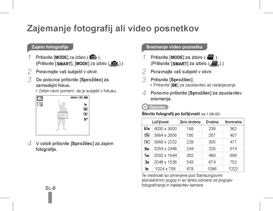 Samsung EC-PL80ZZBPLIT manual Zajemanje fotografij ali video posnetkov, SL-8, Zajem fotografije, Snemanje video posnetka 