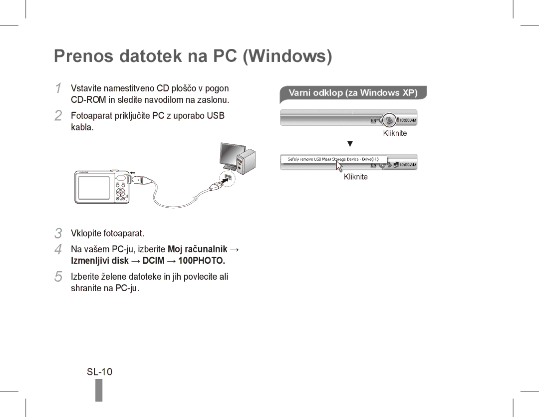 Samsung EC-PL80ZZDPRIR manual Prenos datotek na PC Windows, SL-10, Varni odklop za Windows XP, Vklopite fotoaparat 