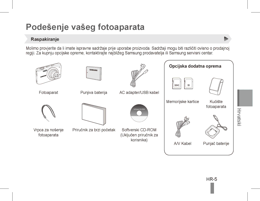 Samsung EC-PL80ZZBPSSA, EC-PL81ZZBPRE1 manual Podešenje vašeg fotoaparata, HR-5, Raspakiranje, Opcijska dodatna oprema 