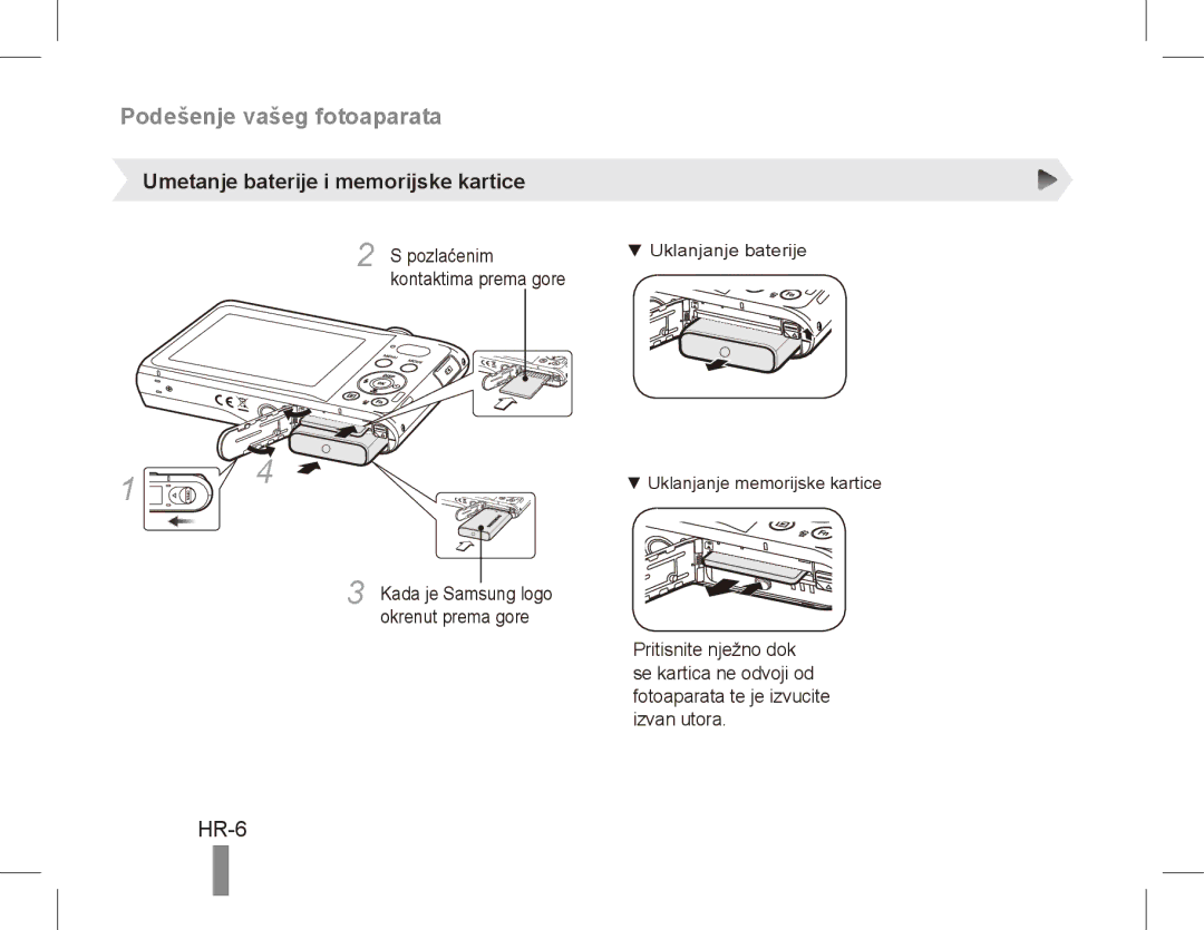 Samsung EC-PL80ZZDPSIR, EC-PL81ZZBPRE1 manual Podešenje vašeg fotoaparata, HR-6, Umetanje baterije i memorijske kartice 