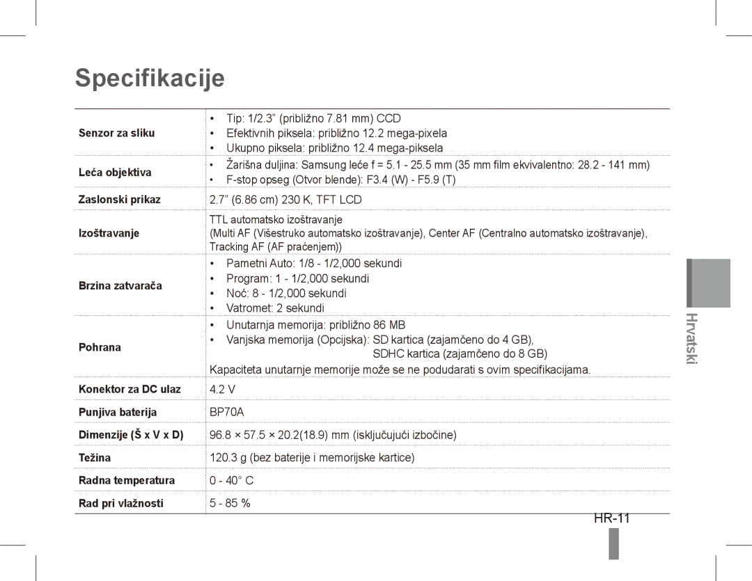 Samsung EC-PL80ZZDPBME, EC-PL81ZZBPRE1, EC-PL81ZZBPBE1, EC-PL81ZZBPSE1, EC-PL81ZZBPLE1, EC-PL80ZZBPBE1 Specifikacije, HR-11 