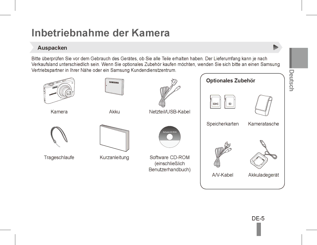 Samsung EC-PL80ZZBPSSA, EC-PL81ZZBPRE1, EC-PL81ZZBPBE1 manual Inbetriebnahme der Kamera, DE-5, Auspacken, Optionales Zubehör 