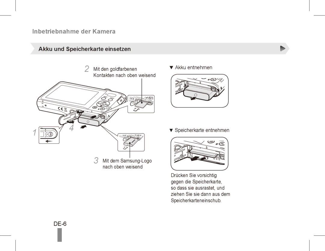 Samsung EC-PL80ZZDPSIR, EC-PL81ZZBPRE1, EC-PL81ZZBPBE1 Inbetriebnahme der Kamera, DE-6, Akku und Speicherkarte einsetzen 