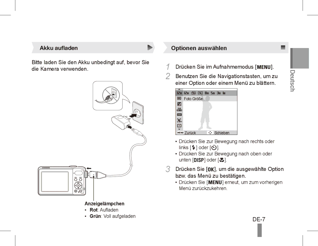 Samsung EC-PL80ZZBPLIL, EC-PL81ZZBPRE1 manual DE-7, Akku aufladen, Drücken Sie im Aufnahmemodus, Bzw. das Menü zu bestätigen 