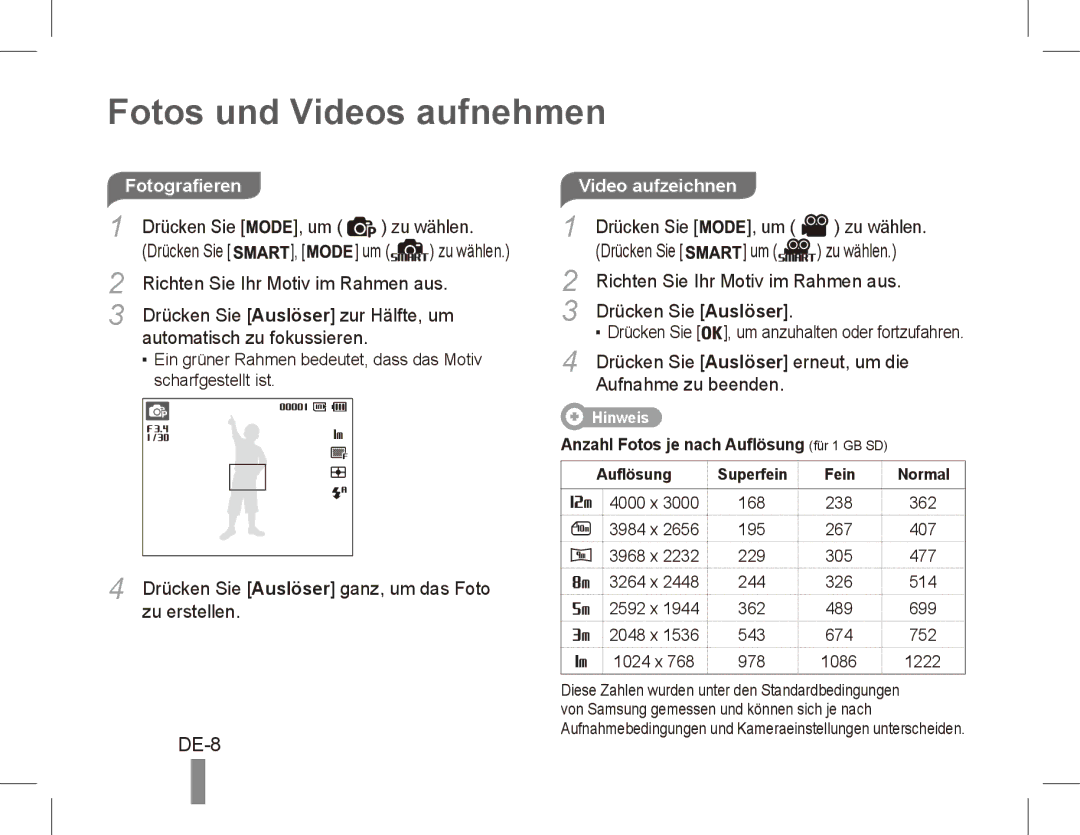 Samsung EC-PL80ZZBPLSA, EC-PL81ZZBPRE1, EC-PL81ZZBPBE1, EC-PL81ZZBPSE1 Fotos und Videos aufnehmen, DE-8, Video aufzeichnen 